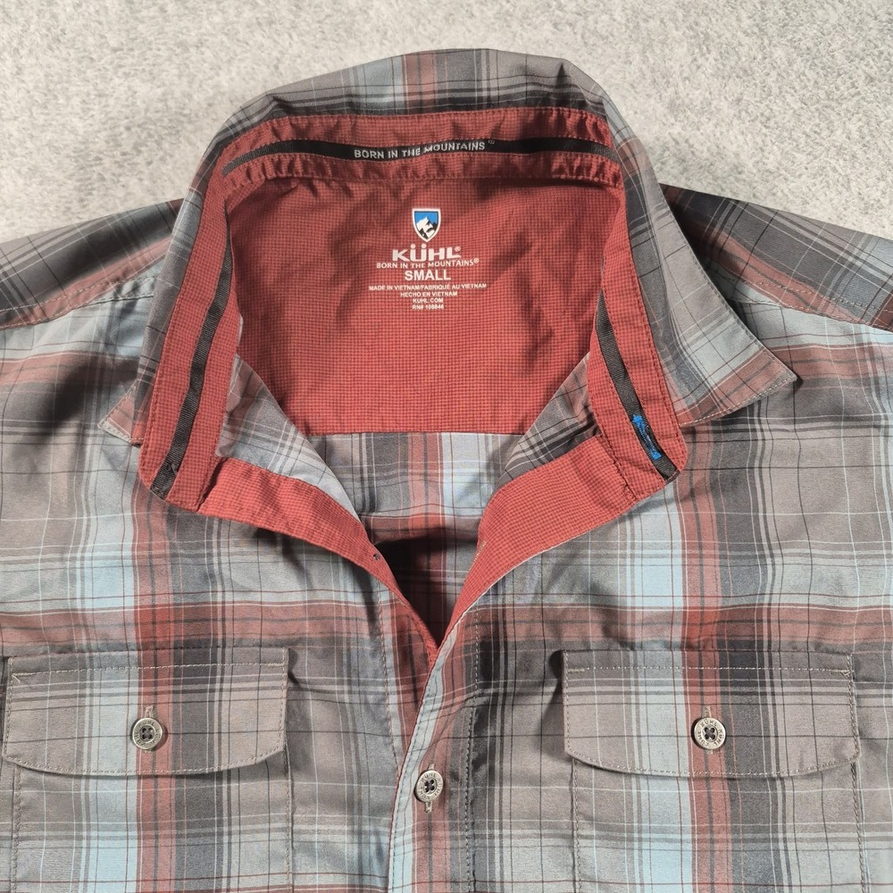 Kuhl Response Shirt Mens Small Gray Blue Plaid Short Sleeve Button Front 7153